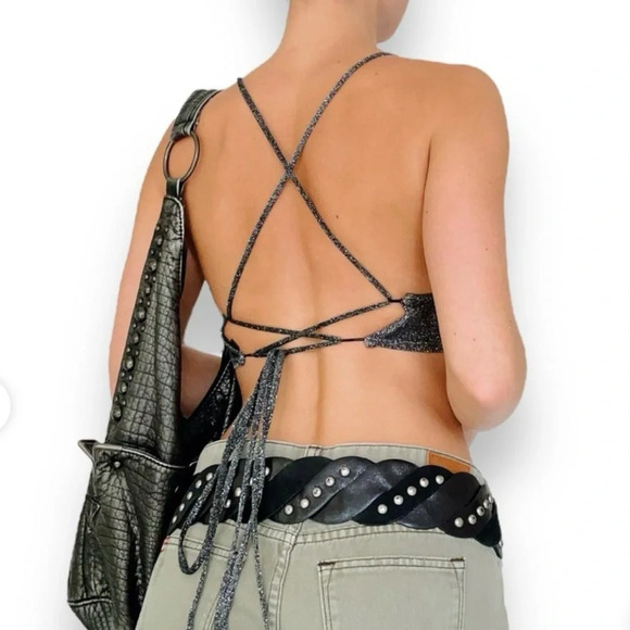 NWT Urban Outfitters Backless Crop Top Black Metallic Silver Strappy Tie Back M - Picture 2 of 13